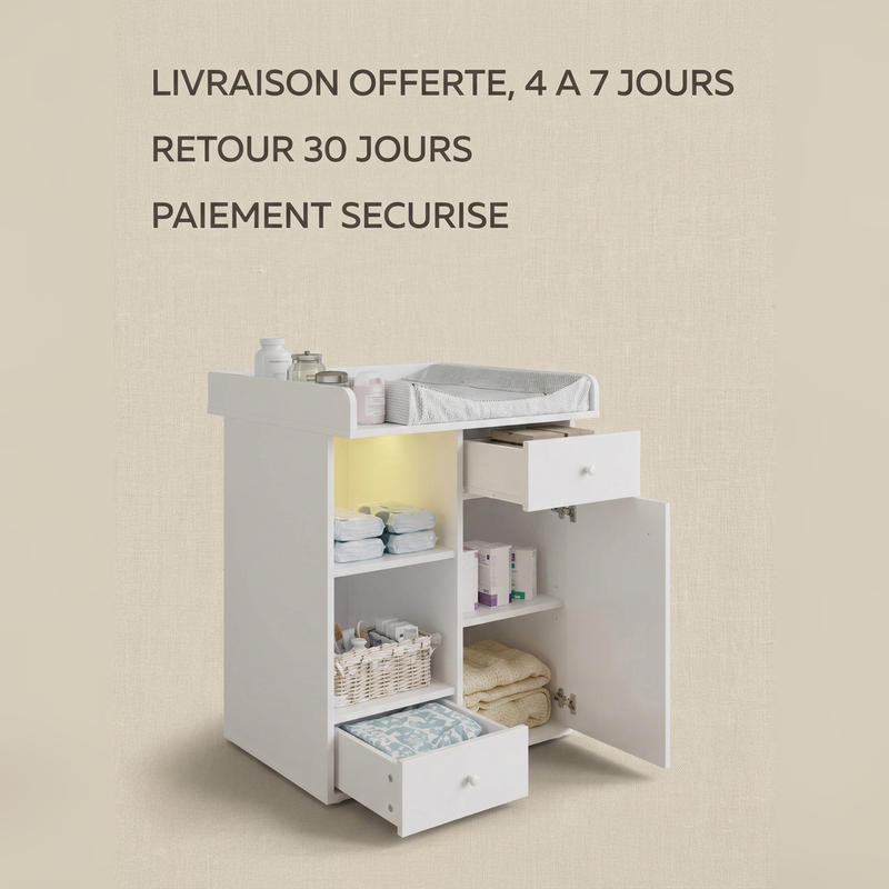 Rangements de la commode table à langer blanche Langéo