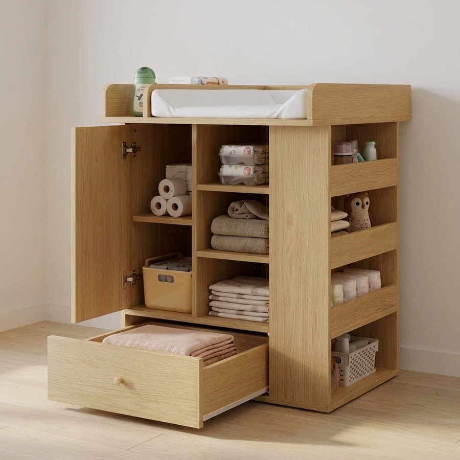 Commode table à langer en bois naturel Langéo avec armoire