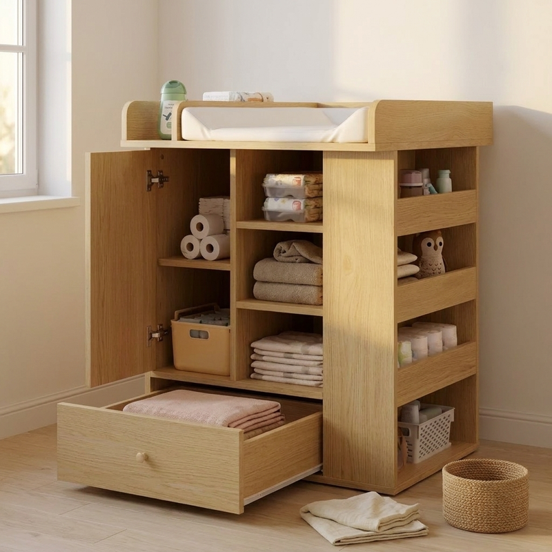 Étagères ouvertes et latérales de la commode en bois naturel Langéo