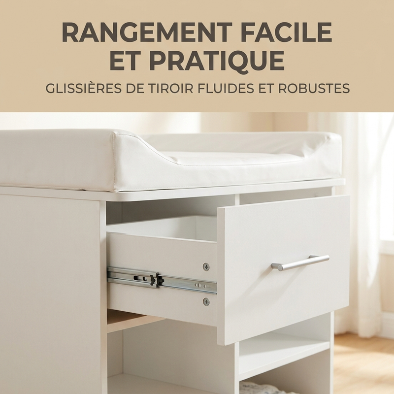 Trois tiroirs de la commode table à langer blanche Langéo
