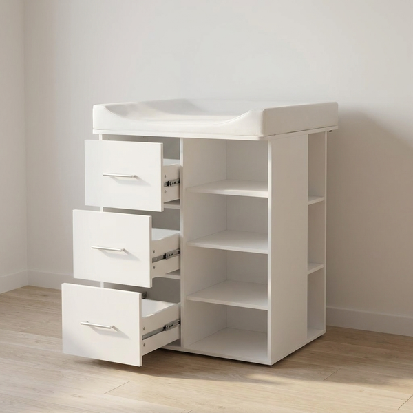 Commode table à langer blanche Langéo avec 3 tiroirs et étagères