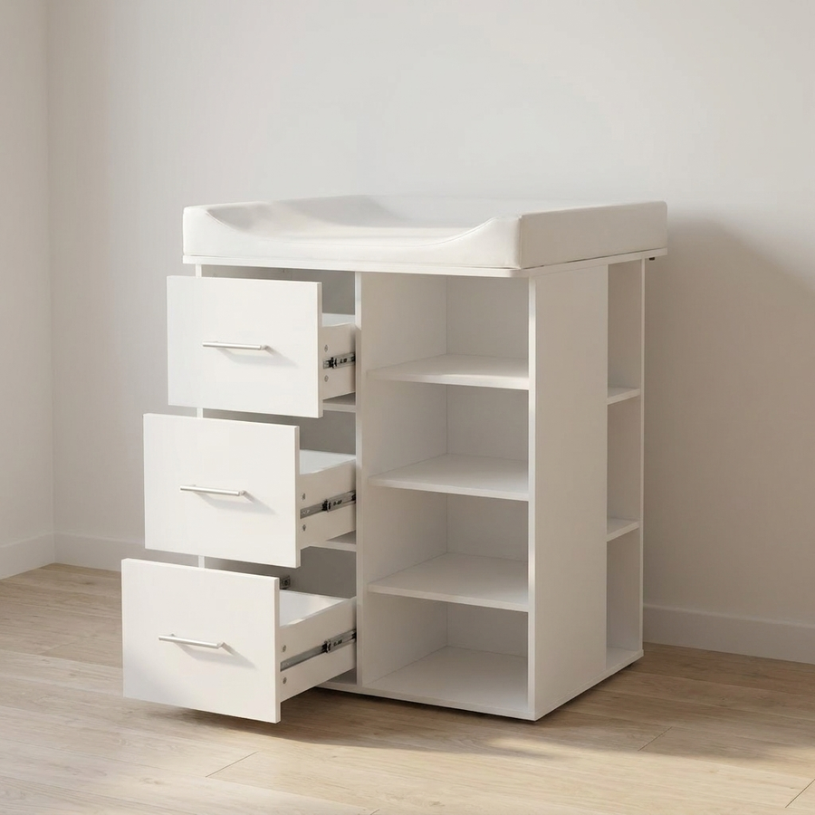 Commode table à langer blanche Langéo avec 3 tiroirs et étagères