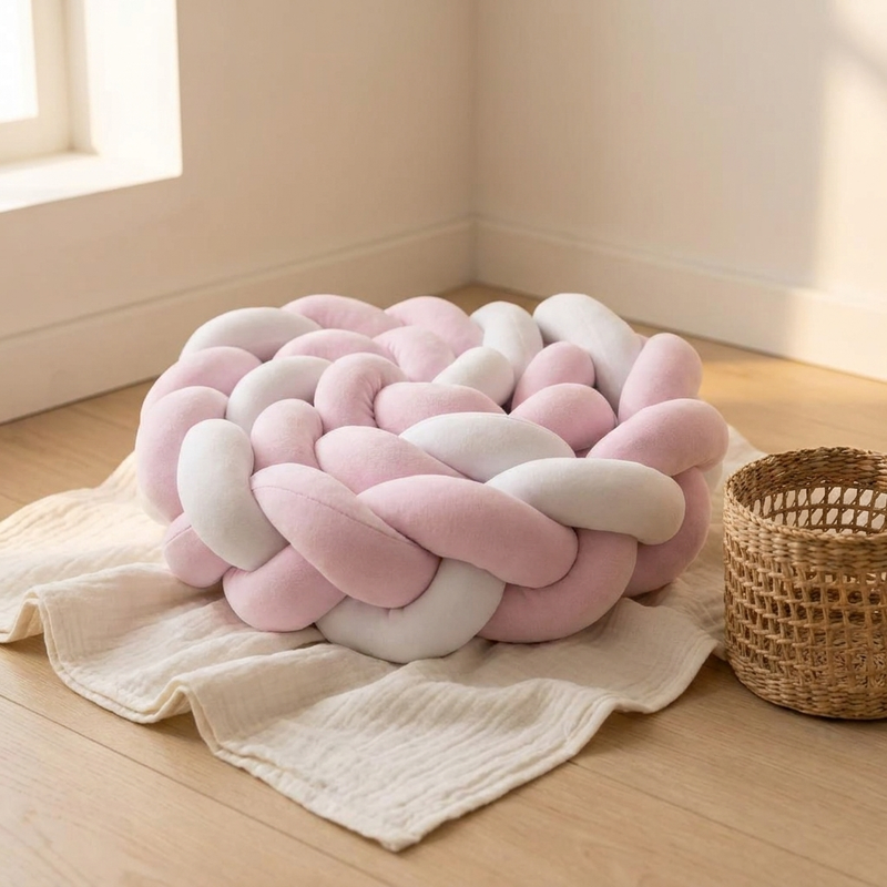 Tour de lit rose et blanc Langéo dans une chambre de bébé