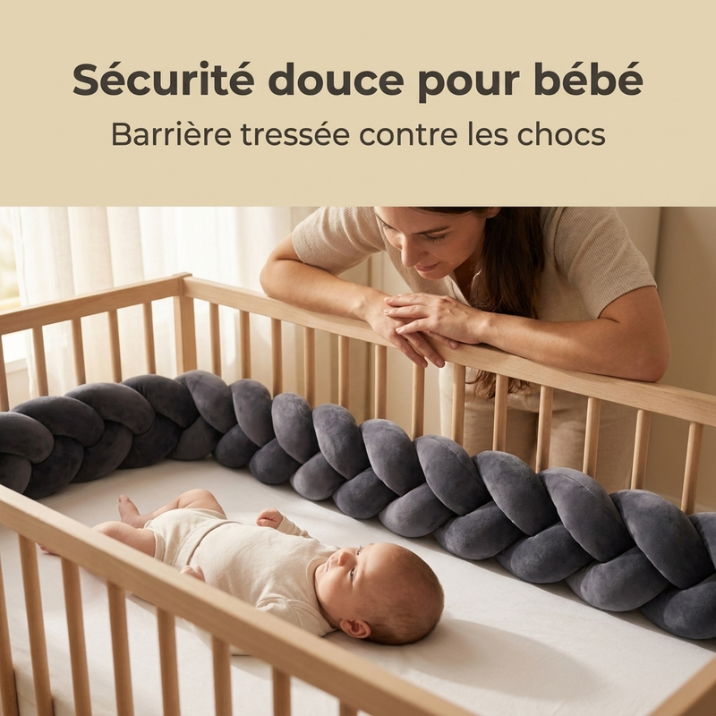 Tour de lit gris Langéo bordant les barreaux du lit bébé