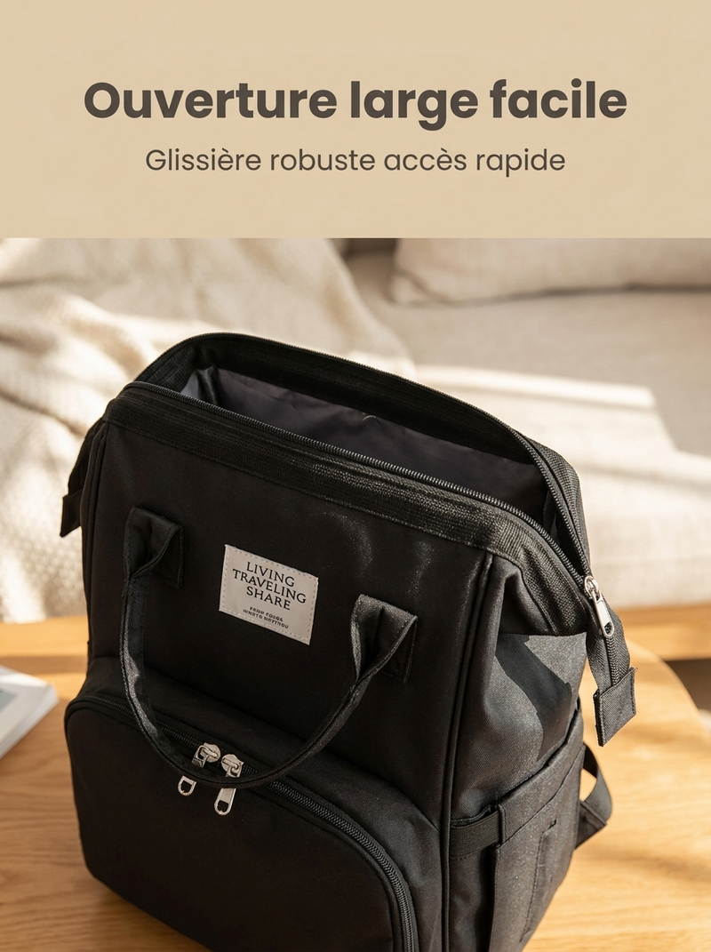 Double zip du sac à langer Langéo, accès sans tout déballer