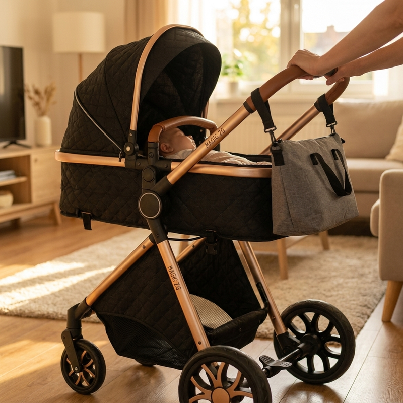 Assise à 69 cm de la poussette Langéo, bébé à hauteur de regard
